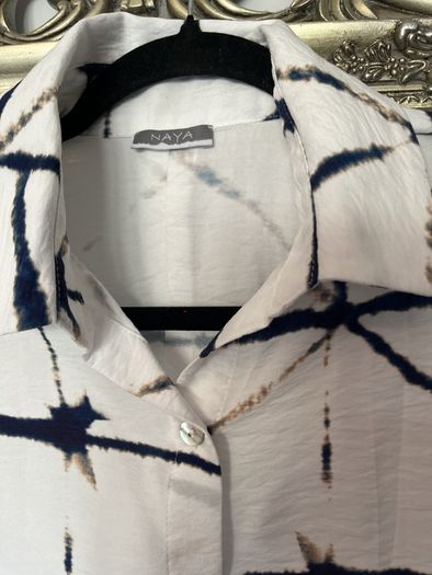 Naya white blouse with navy and taupe design