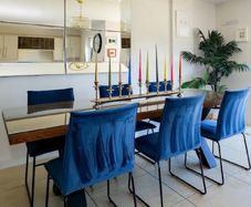 100% European Solid Oak dining table & Navy Velvet Chairs