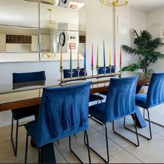 100% European Solid Oak dining table & Navy Velvet Chairs