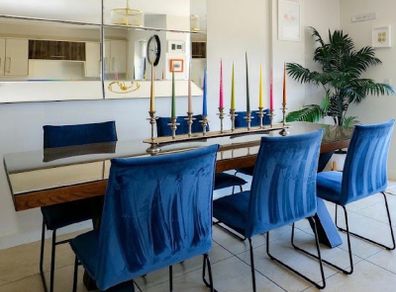 100% European Solid Oak dining table & Navy Velvet Chairs