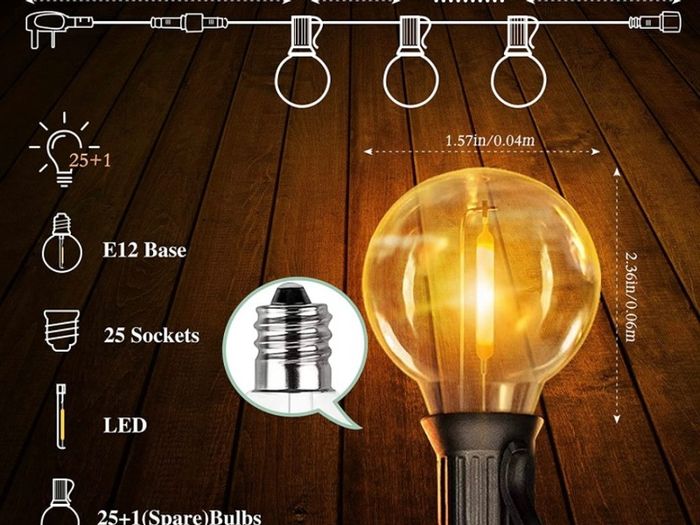 Outdoor LED String Lights Mains Powered 15M/50FT, G40 Waterproof Patio Bistro Hanging Lights with 1W 26 Plastic Bulbs 1 Spare MULTIPLE SIZES AVAILABLE, SEE DESCRIPTION (FREE POSTAGE)