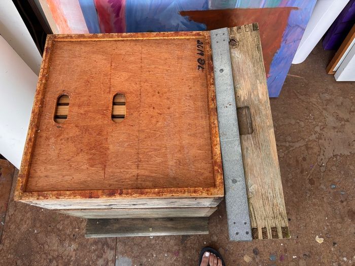 A commercial wooden bee hive