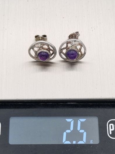 Vintage 925 Syerling Silver Purple Chalcedony Stud Earrings