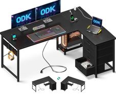 Corner Desk with Drawers, L Shaped Computer Desk, 135 x 100 cm, Black  Reversible Office Desk with Power Outlets & USB Ports, PC Work Desk with Storage, Host Stand & Hooks, Home Office and Gaming