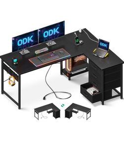 Corner Desk with Drawers, L Shaped Computer Desk, 135 x 100 cm, Black  Reversible Office Desk with Power Outlets & USB Ports, PC Work Desk with Storage, Host Stand & Hooks, Home Office and Gaming