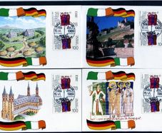 1989 Ireland Joint issue with Germany 1300th Anniversary of the Martyrdom of Irish Missionaries to Germany (Franconian Apostles) Maximum Cards with both Irish and German stamp tied by First Day of Issue Cancel