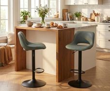 Bar Stools Set of 2 Modern Swivel Barstools, Adjustable Counter Height Bar Chairs Faux Leather Upholstered Counter Stools with Hollow Back for Kitchen Island, Greyish Green