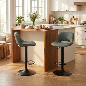 Bar Stools Set of 2 Modern Swivel Barstools, Adjustable Counter Height Bar Chairs Faux Leather Upholstered Counter Stools with Hollow Back for Kitchen Island, Greyish Green