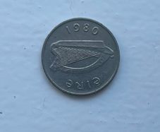 Year 1980 5 pence old Irish currency silver coin