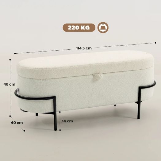 Storage stool, seat stool with lid and storage, steel legs, padded stool with fleece cover, Cream White