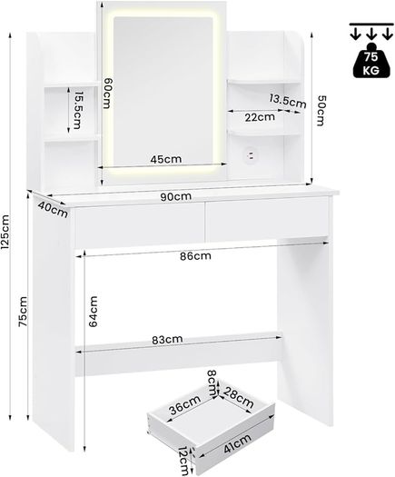 Dressing Table with LED Lighting, Adjustable Brightness, 2 USB Ports, Dressing Table Cosmetic Table with Mirror, 2 Drawers, 4 Open Shelves, Makeup Table for Bedroom, White