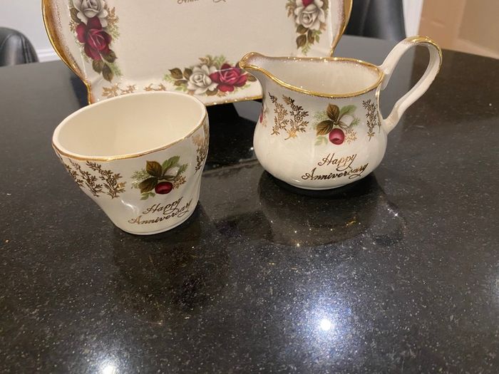 Old  H Aynsley and Co Happy Anniversary trio  tray jug and sugar bowl