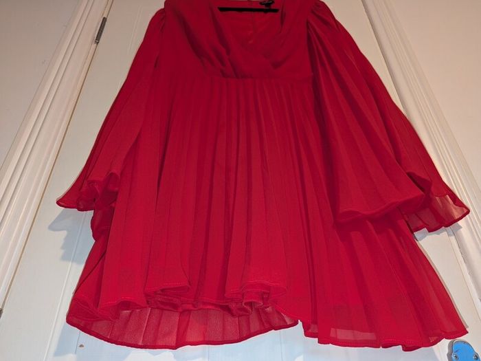stunning red long and wide sleeve pleated midi dress from Boohoo
