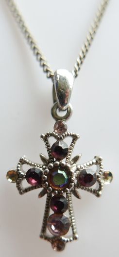 Vintage Silver Plated Cross With Multi-Color Stones Necklace length 20"