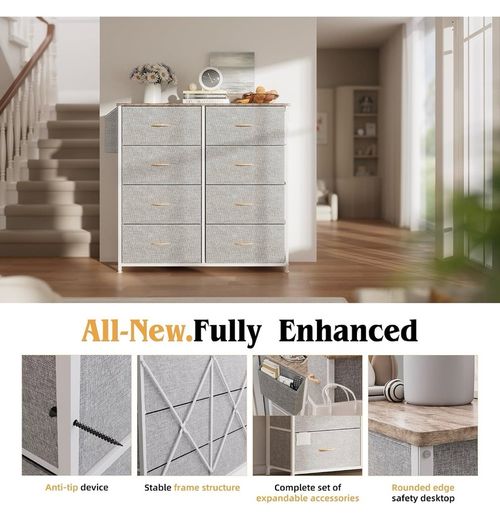 Fabric Chest of Drawers - Canvas Storage Unit with 8 Large Drawers Label Cards, Side Pocket & Hook for Living Room, Hallway, Bedroom