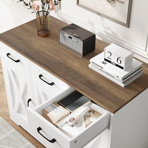 Sideboard, Kitchen Cabinet with 3 Drawers and 3 Doors for Kitchen, Buffet Cabinet with Worktop for Dining Room, Living Room, Wood, White & Brown