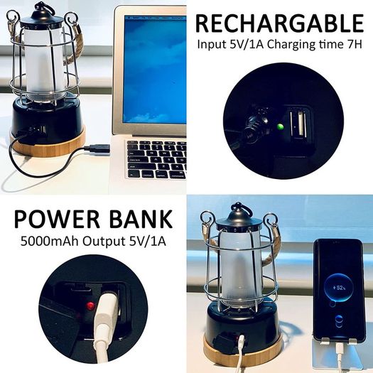 Rechargeable Camping LED Retro Water Resistant Lantern, 6 Watts 370 Lumen, Long Life Battery Powered (5000mAh Battery Capacity), Dimmable and Colour Changing, Rope Handle (Black)