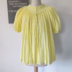 VINTAGE 1970s folk smock blouse Indian cotton delicate yellow embroidered florals S M Made in India summer holiday