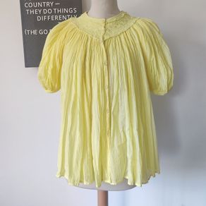 VINTAGE 1970s folk smock blouse Indian cotton delicate yellow embroidered florals S M Made in India summer holiday