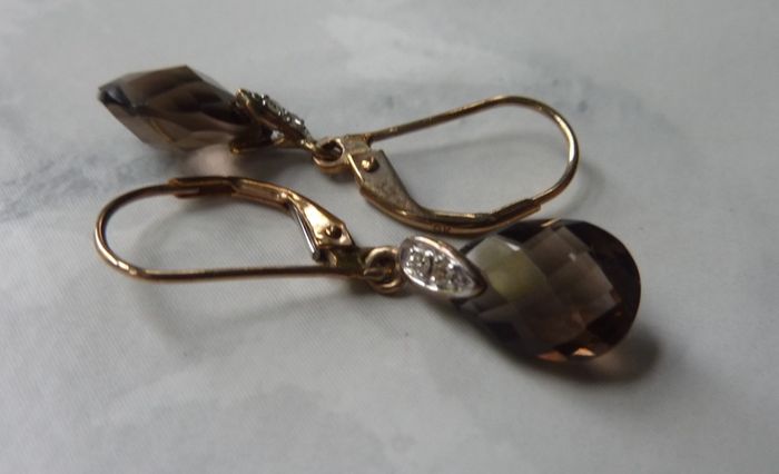 9ct Gold Smoky Quartz and Diamond Drop Earrings, Leverback, 1.58g