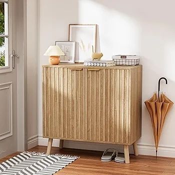 Sideboard, Buffet Storage Cabinet with Fluted Decorating, Sideboard Storage Cabinet with 2 Doors & Adjustable Shelf, Kitchen Cupboard for Living Room, Dining Room, 35 x 77 x 78 cm, Oak