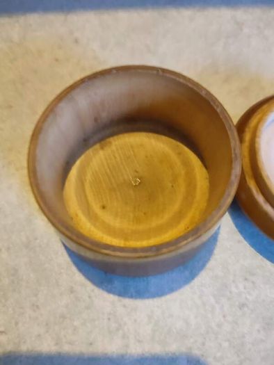 Antique Treen Pot Small Antique Treen Pot.Screw-on mushroom shaped lid.Polished light colored wood, possibly yew or sycamore.