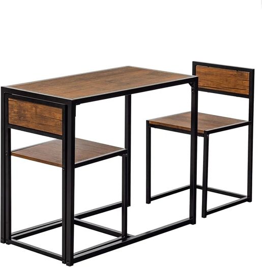 Brown & Black 2 Seater Compact Dining Set - 2 Chairs and Table - Two Person Kitchen Dinner Small Space Saving Wood Contemporary Finish