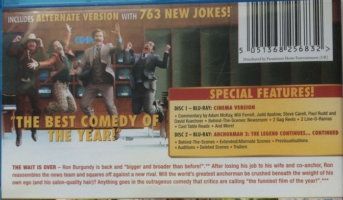 Anchorman: The Legend Continues [2013] Will Ferrell, Steve Carell, Paul Rudd, David Koechner, Christina Applegate & Fred Willard [2xBlu-ray Movie]