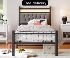 3FT Single Bed Frame, Metal Platform Upholstered Bed frame with Headboard and USB Charging Station