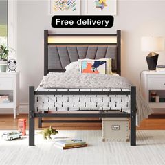 3FT Single Bed Frame, Metal Platform Upholstered Bed frame with Headboard and USB Charging Station