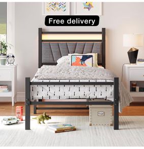 3FT Single Bed Frame, Metal Platform Upholstered Bed frame with Headboard and USB Charging Station