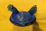 VINTAGE ASIAN COBALT Blue Glass Hen on a Nest Trinket Dish