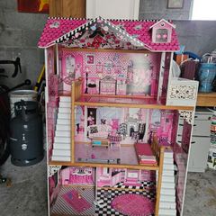 Large 3 Storey Wooden Dolls House  Pink & White