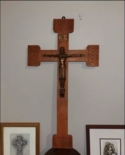 Large Antique oak and brass crucifix 27 inches by 15 inches