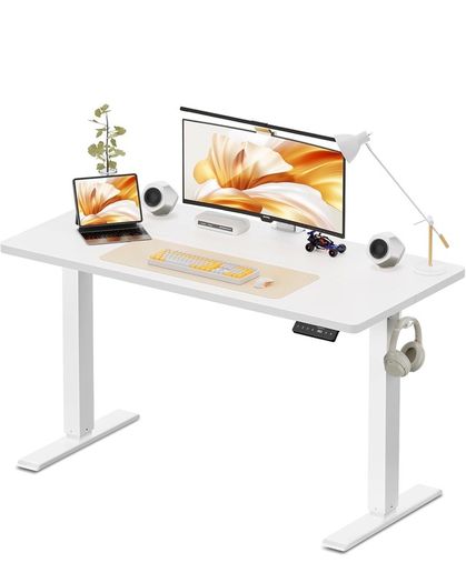 Electric Standing Desk, 120 x 60 cm, White Height Adjustable Desk, 2 Hooks, 4 Memory Heights, 72-118cm, Splice Board, Ergonomic Sit Stand Computer Desk for Home Office