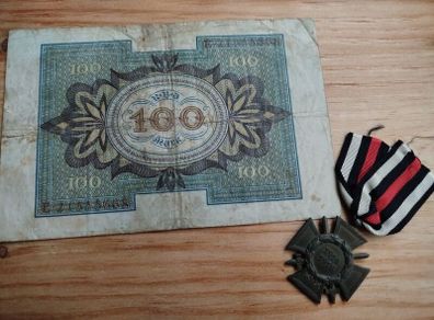 WWI German Hindenburg Cross Medal + 1920 100 Mark Banknote / Military & Currency Bundle