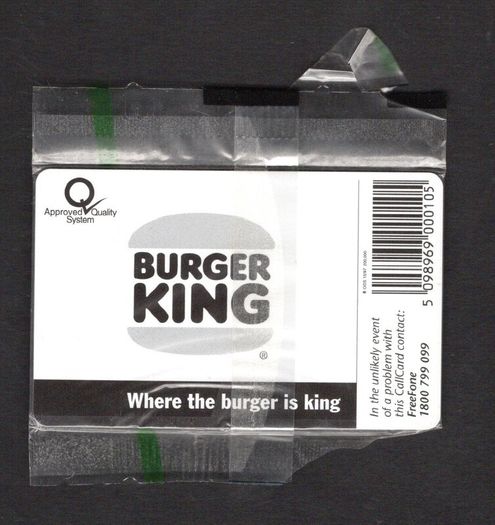 1997 Ireland 10 unit Burger King featuring the slogan "Where the burger is King" (ODS2) Call Card Mint in Packaging. Telecom Eireann card number 1170.