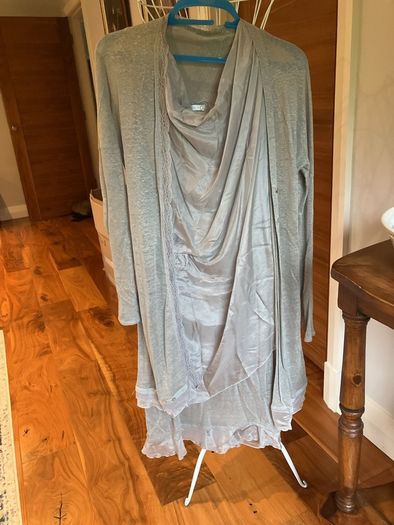 Grey wedding suit with slip dress and matching cardigan