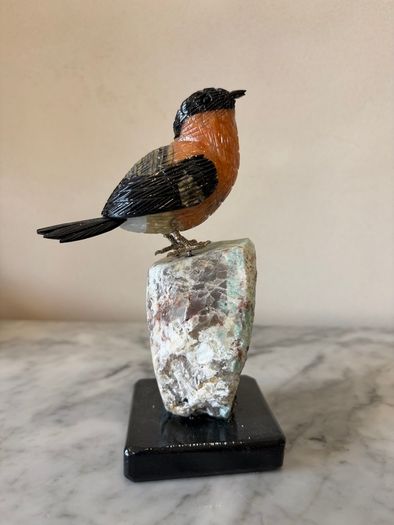 Hand-Carved Gemstone Bullfinch on Raw Amazonite Base