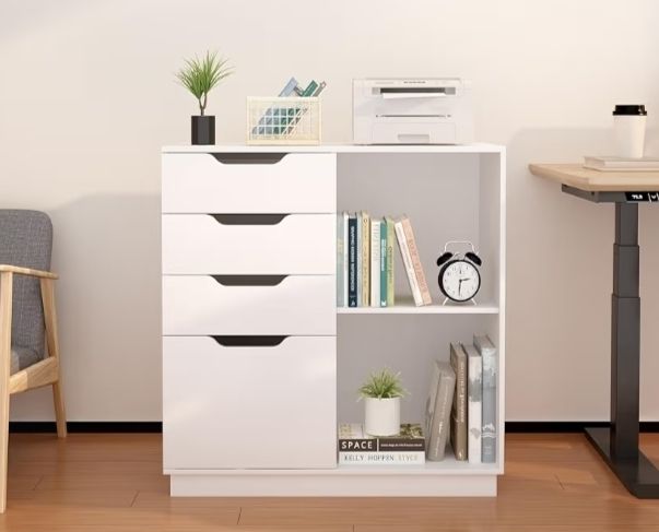 4 Drawer Wood Lateral File Cabinet, A4 Letter Size Suspension File Hanging Folder Filing Cabinet, Printer Stand with Open Storage Shelf for Office and Home,White