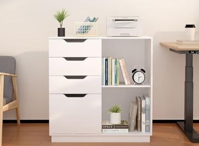 4 Drawer Wood Lateral File Cabinet, A4 Letter Size Suspension File Hanging Folder Filing Cabinet, Printer Stand with Open Storage Shelf for Office and Home,White