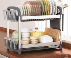 Brand New 2-Tier Dish Drainer with Utensil & Cup Holders Drip Tray