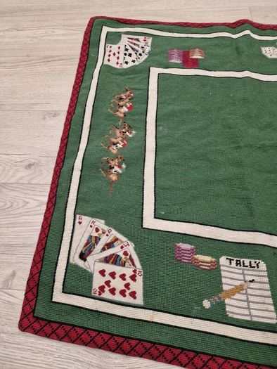Vintage Needlepoint Poker / Card Game Table Cover | Green Casino Style Playing Card Mat