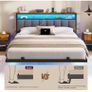 Double Bed Frame 135x190 cm with Floating Visual Effect, 4ft6 Metal Bed Frame with Adjustable LED Lighting and Charging Station, Double Bed with Headboard, Dark Grey (Mattress Not Included) Image 4
