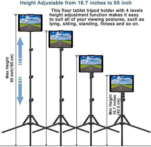 Ipad Tripod Stand, Height Adjustable iPad Stand Holder & Floor Stand with 360 Rotating iPad Tripod Mount for 4.5-12.9 Inch Tablets & Smartphones