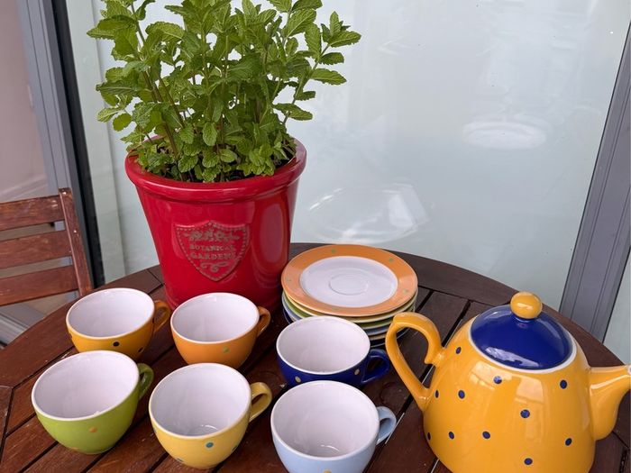 Vintage Mini Polka Dot Tea Set, Yellow, Green, Blue, Orange, Tea Cups, Saucers