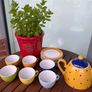 Vintage Mini Polka Dot Tea Set, Yellow, Green, Blue, Orange, Tea Cups, Saucers Image 4