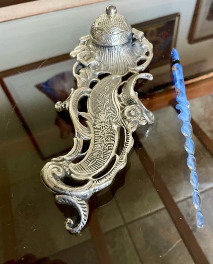 Vintage Art Nouveau Style Inkwell with Pen Tray Ink Pot Insert and Glass Dip Pen