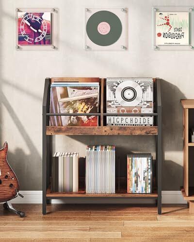 2-Tier Vinyl Record Storage Holder Rack, 250 LP Albums Display Shelf, Wooden Vinyl Storage Rack with Wire Dividers for Records, CDs, Books, Rustic Brown and Black