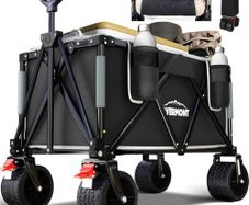 150kg Festival Camping Trolley on Wheels Heavy Duty Folding Wagon Cart with Detachable All-Terrain Wheels, Brake, Adjustable Handle, Portable for Outdoor, Beach, Garden & Shopping Black